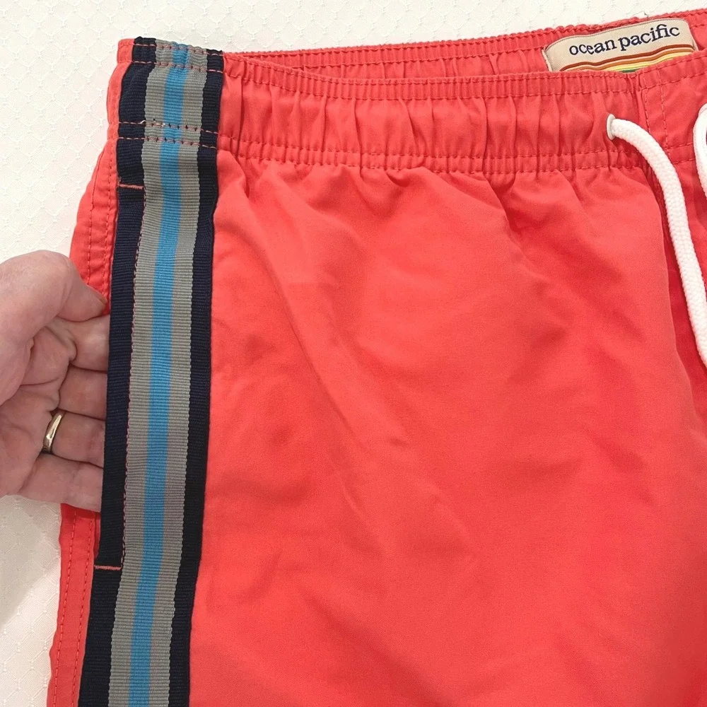 Ocean Pacific OP Mens Swim Shorts‎ M/32-34 Coral Side Stripes Mesh Lined Trunks